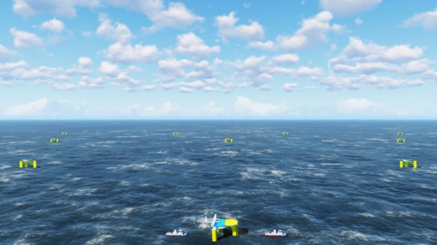 Ampyx power Image of sky and sea with small bright yellow landing pads or platforms.