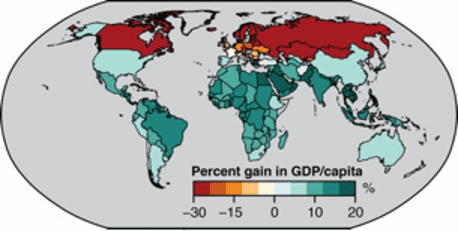 Global map showing percentage gain in GDP per capita in 2100 from achieving 1.5 degrees Celsius global warming instead of 2 degrees.