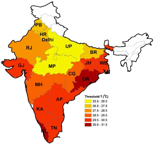 Map of India showing simulated median heat threshold for 2011–2015 derived from Internet search terms related to air conditioning for Delhi and various states in India