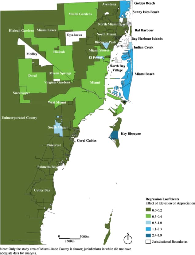 Map of effect of elevation on house price appreciation for Miami-Dade County