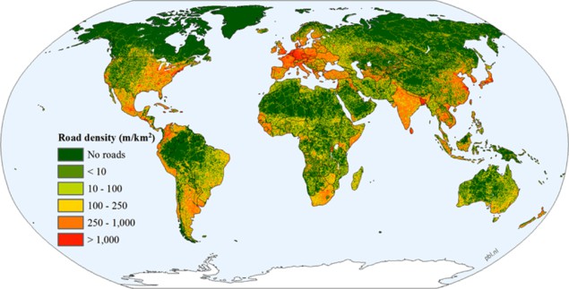 GRIP global road density map on 5 arcminute resolution (approximately 8 × 8 km at the equator), representing the densities summed across the five road types. (Courtesy: Johan R Meijer et al 2018 Environ. Res. Lett. 13 064006)