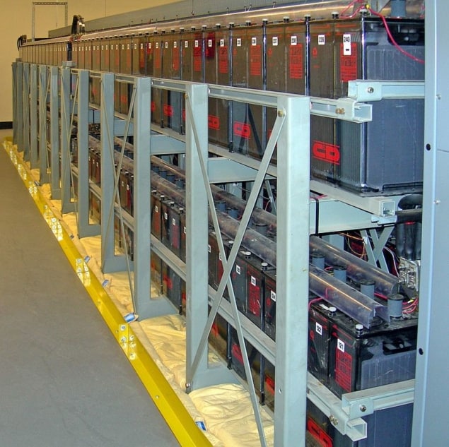 A bank of batteries in a large datacenter. Lithium-oygen batteries could provide alternative power storage devices. Courtesy Jelson25 CC-BY