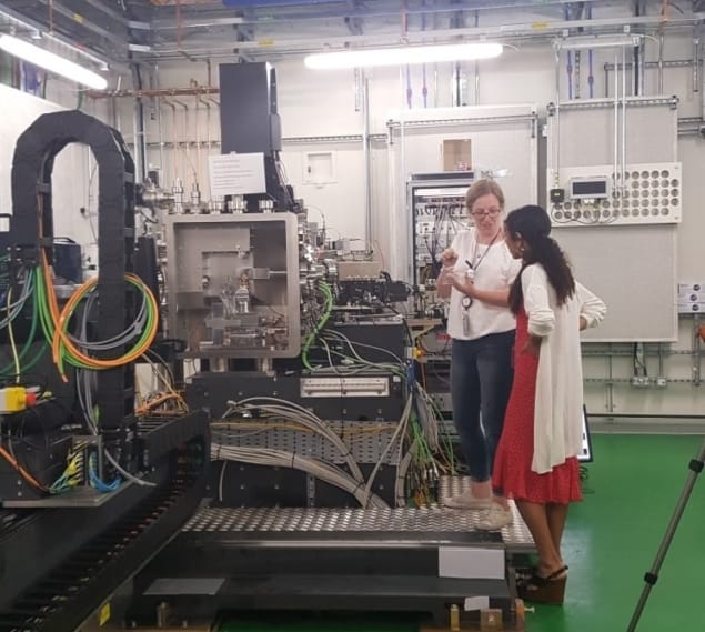 Beamline Scientist Julia Parker shows Physics World Editor Anna Demming the experiment hutch for nanoprobe beamline I14