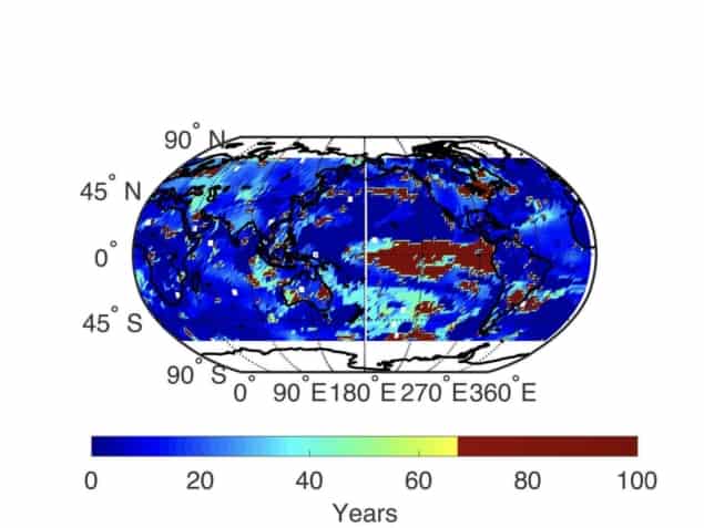 World map showing timescales of pink noise emergence in climate data