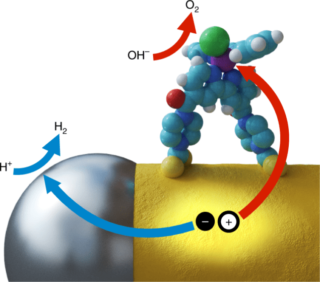 Photoexcitation of a CdS nanorod (yellow) provides the driving force for transfer of holes to the molecular catalyst (structure on top). Meanwhile, the CdS nanorod acts as a conduit to shuttle electrons to the hydrogen-evolving Pt nanoparticle (grey) affixed to the nanorod tip, completing the reaction without sacrificial agents. Courtesy of Nature