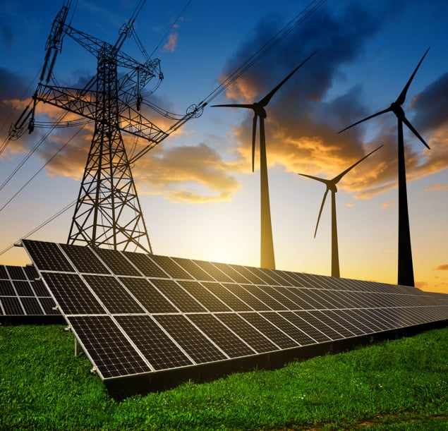 energy-generation-web-489806788-iStock_vencavolrab Composite image of solar farm, wind turbines, pylon