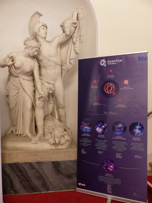 Marble statues next to a poster for the Quantum Flagship