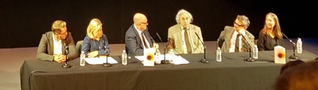 The panel, left to right: Timothy Hawking, Lucy Hawking, Roger Highfield, Malcolm Perry, Andrew Strominger and Fay Dowker