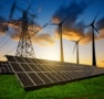 Composite photo of solar panel, wind turbine and electricity pylon