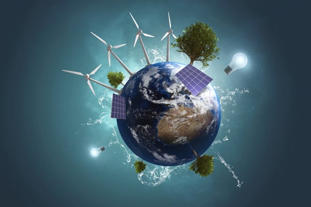 Illustration of planet Earth with wind turnbines, solar panels and trees attached