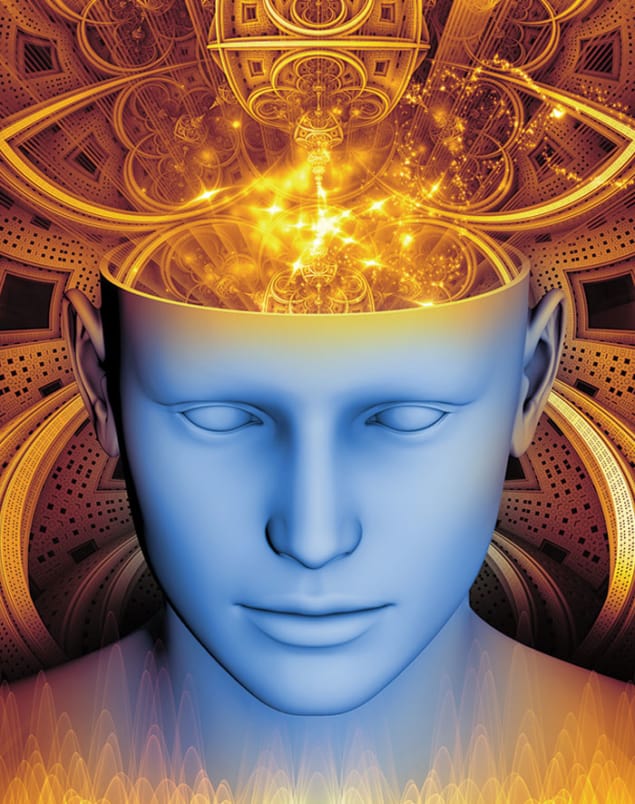 Conceptual image of a person’s face and a brain swirling with ideas