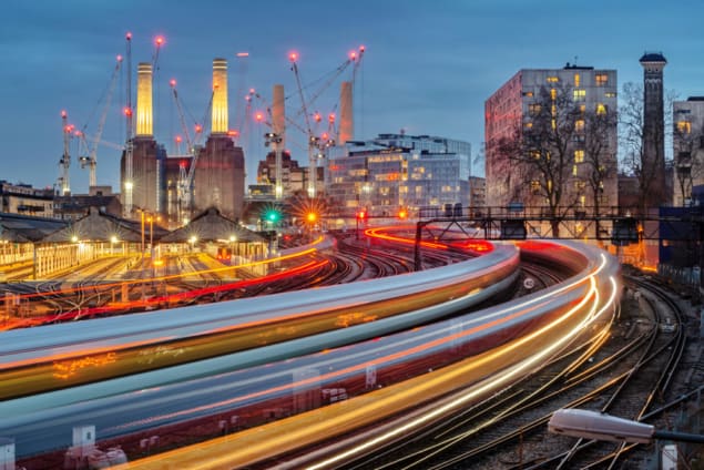 Battersea power station and trains