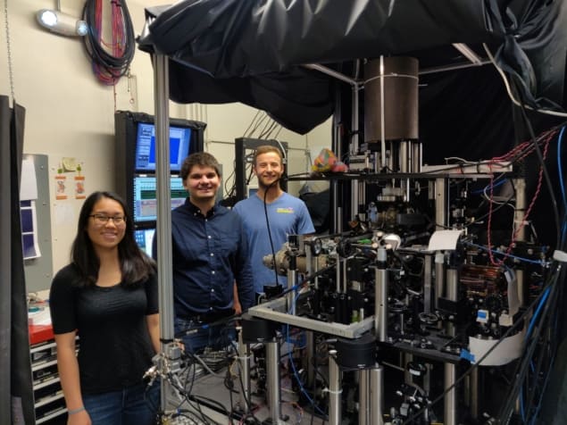 Three physicists standing next to an optical bench filled with lasers, optics