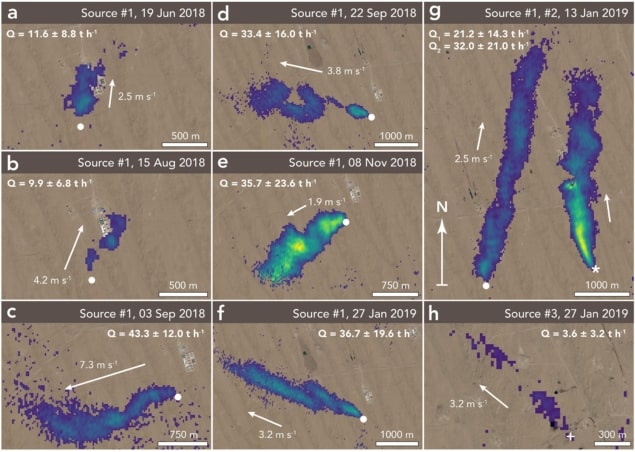 Images showing false-colour data of methane plumes superimposed on satellite images.