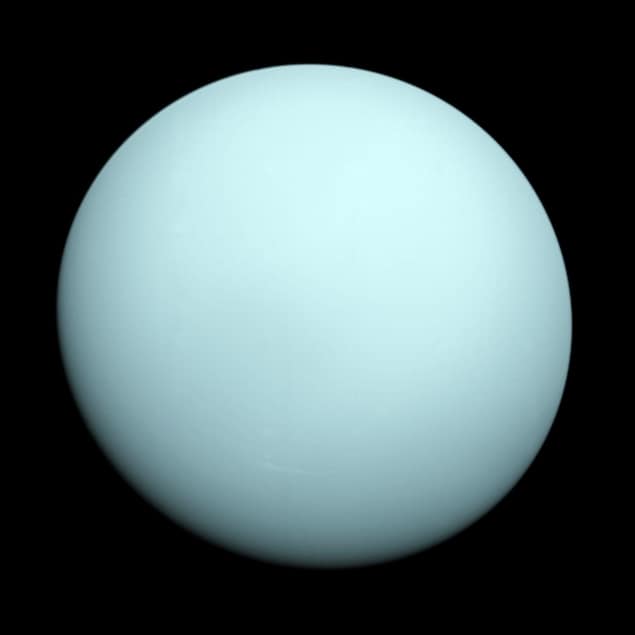 Voyager photo of Uranus as an almost featureless pale blue round object