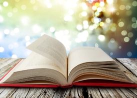 An open book with sparkly lights in the background