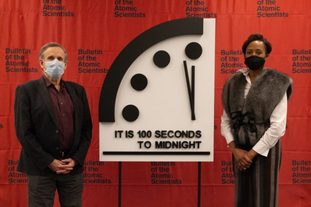 Members of the Bulletin of the Atomic Scientists' science and security board, Robert Rosner and Suzet McKinney, reveal the 2021 setting of the Doomsday Clock at the University of Chicago