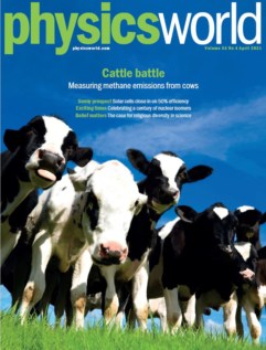 Image of cover of April 2021 issue of Physics World showing cows