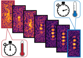 Sequence of seven images taken of dipolar atoms as they cool. Initially, the cloud is relatively warm and atoms in it are uniformly distributed. As it gets colder, peaks emerge as bright spots on the images.