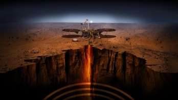 an artist’s impression of InSight and its seismometer