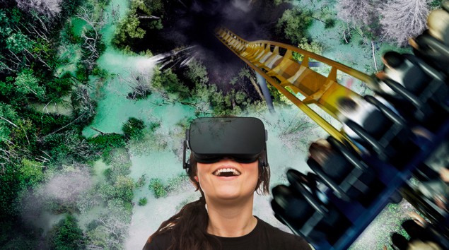 A rider on the Valkyria ride wearing a VR headset