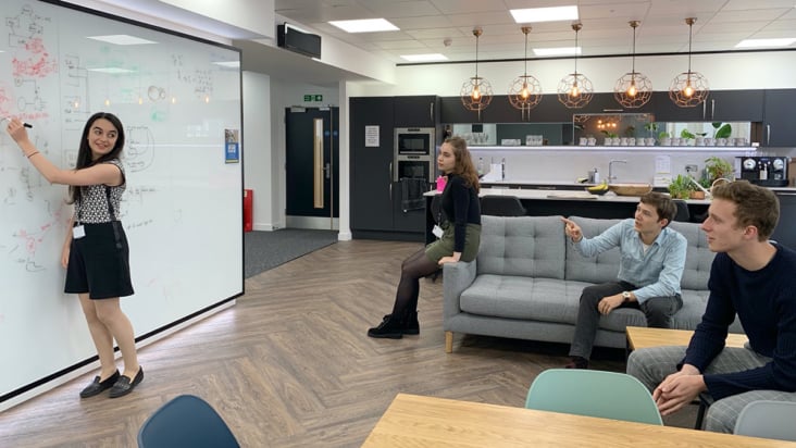 Maria Violaris and fellow interns work on a group project