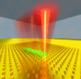 Conceptual image of the optical tweezer device showing particles suspended over a plane of small pillars and confined to the focus of a vertical laser beam