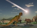 Dinosaurs underneath asteroid in the sky about to impact Earth and cause extinction