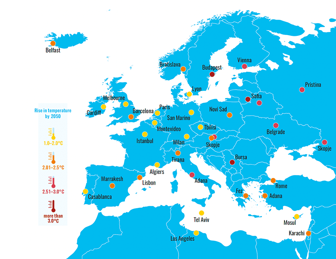 Illustration of Europe showing major cities and temperature rise