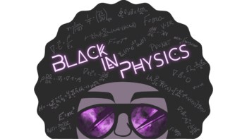 #BlackInPhysics logo 2021 - cartoon headshot of Black physicist with purple glasses