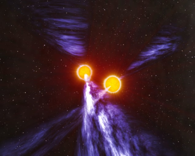 Artist's impression of a binary pulsar, showing two glowing objects orbiting each other and sending out beams of radiation