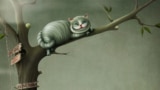 Cartoon of the grinning Cheshire cat, perched on a tree limb