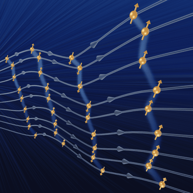 Artist's impression of a discrete time crystal, showing a grid of spins represented by arrows and connected with tenuous lines