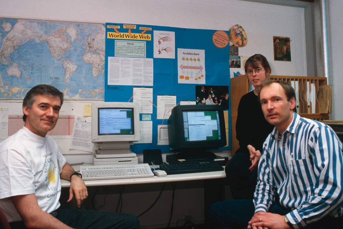 Tim Berners-Lee (right), Nicola Pellow (centre) and Robert Cailliau at CERN