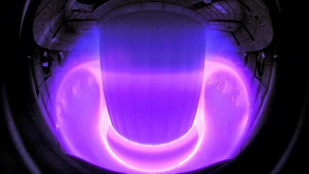 A fusion plasma glowing inside the doughnut-shaped ring of a tokamak