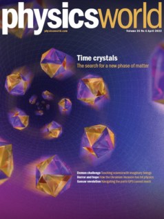 Cover of April 2022 issue of Physics World showing artist's illustration of time crystals