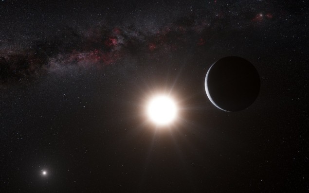 Artist’s impression of a planet around Alpha Centauri B. The star appears as a bright object at the centre, with the edge of the planet illuminated and the companion star Alpha Centauri A in the background