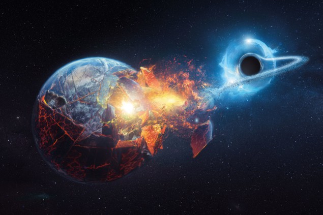 Illustration of a black hole nearby causing Earth to explosively break apart