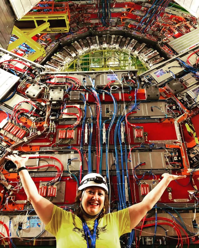 Freya Blekman in front of the CMS detector