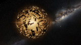 Kunstnerens indtryk af en Dyson-kugle mod et baggrundsbillede af en galakse