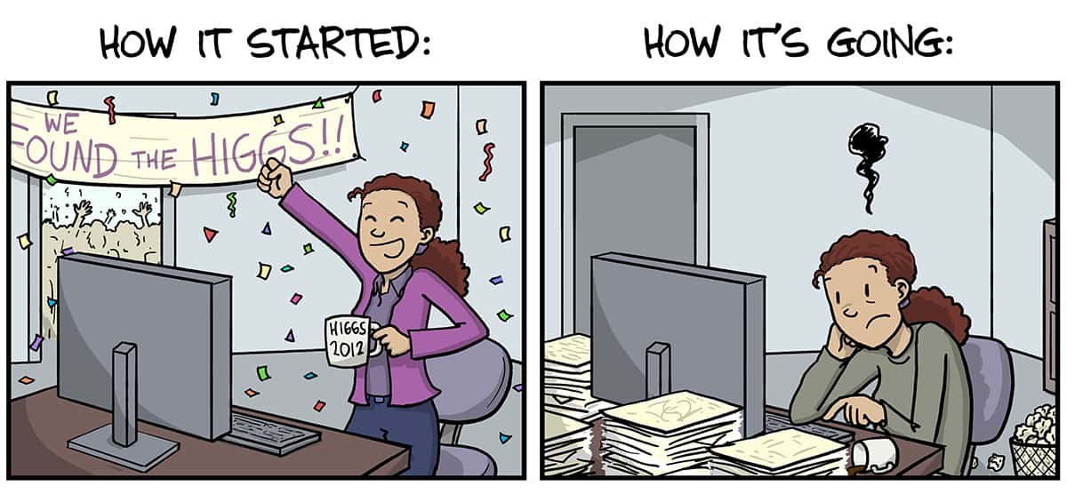 Cartoon of 'How it started' and 'How it's going' showing excited celebrations in the first frame, dejection in the second