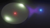 Artist's illustration of a Rydberg atom bonded to an ion. The Rydberg atom is represented by a large cloud surrounding a small red dot, with the cloud concentrated in two areas (representing an induced dipole). The ion is represented by a nearby blue dot