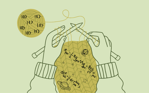 Illustration of hands knitting an item covered in space-time equations