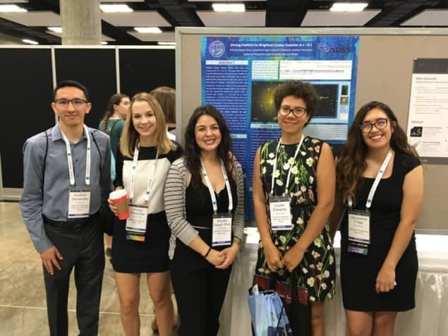 A photo of Louise Edwards and four members of her research group standing in front of a poster at a conference