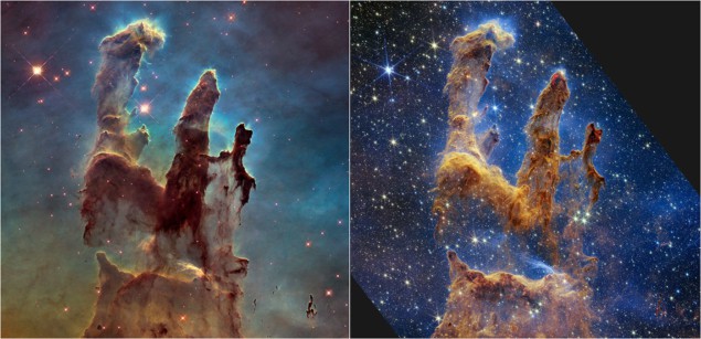 The Pillars of Creation as seen by the James Webb Space Telescope and the Hubble Space Telescope