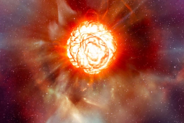 Artwork depicting an exploding star with a fireball at its heart and diffuse clouds of orange gas around it