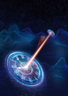 An artist's impression of the experiment, showing a glowing clock face on the ground beaming information up to a second clock against a backdrop of mountain-like waveforms