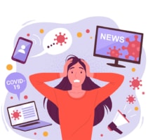 Illustration of young woman looking oanicked surrounded by news items about COVID