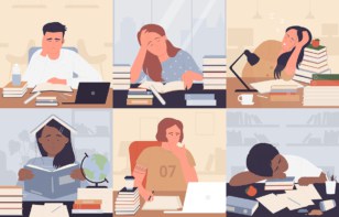 Watercolour illustration of six students struggling alone with workload and stress