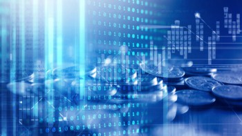 An image depicting quantum computing numbers with a graph and some coins